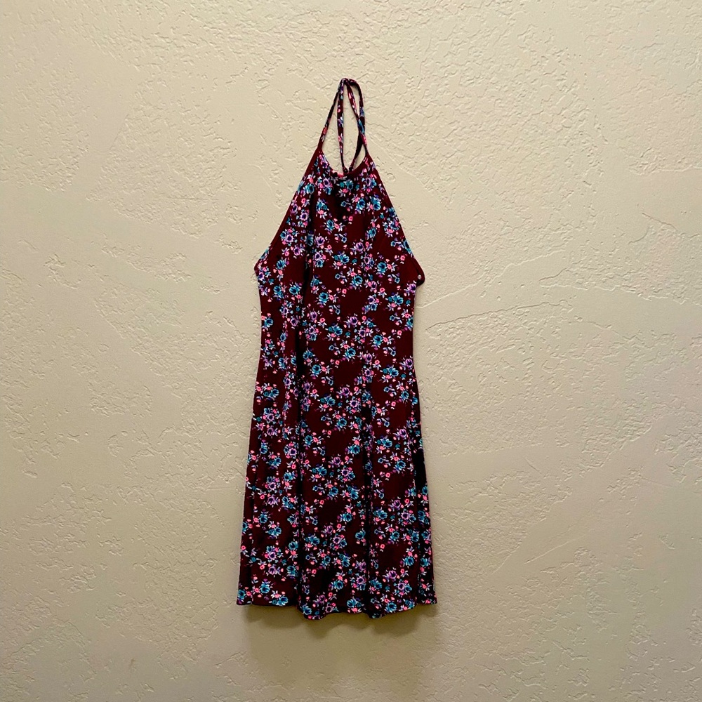 Purple dress with flowers.